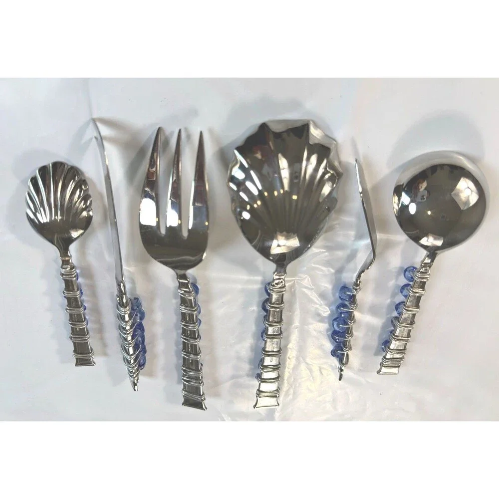 Heritage Mint 6 Pc Beaded Serving Set Blue White Swirl Glass Wire Wrapped